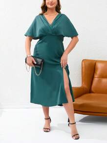 SHEIN Privé Plus Batwing Sleeve Split Thigh Dress - Dark Green - View 1