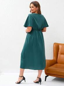 SHEIN Privé Plus Batwing Sleeve Split Thigh Dress - Dark Green - View 2
