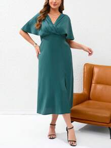 SHEIN Privé Plus Batwing Sleeve Split Thigh Dress - Dark Green - View 3