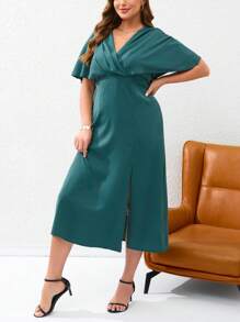 SHEIN Privé Plus Batwing Sleeve Split Thigh Dress - Dark Green - View 4