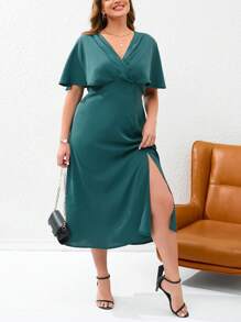 SHEIN Privé Plus Batwing Sleeve Split Thigh Dress - Dark Green - View 6