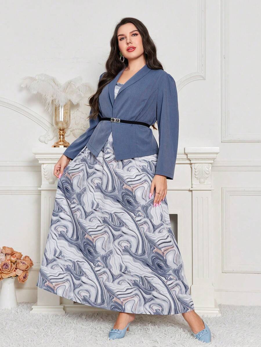 Modelyn Plus Marble Print Dress & Puff Sleeve Blazer - Dusty Blue - View 1