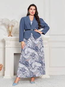 Modelyn Plus Marble Print Dress & Puff Sleeve Blazer - Dusty Blue - View 4