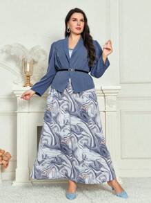 Modelyn Plus Marble Print Dress & Puff Sleeve Blazer - Dusty Blue - View 5