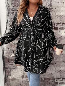 SHEIN LUNE Plus Graphic Print Belted Coat - Black - View 3