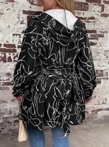 SHEIN LUNE Plus Graphic Print Belted Coat - Black - View 2