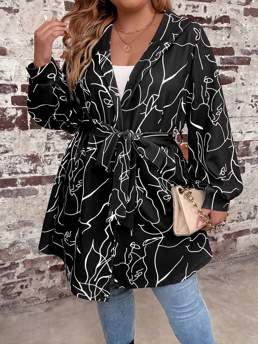 SHEIN LUNE Plus Graphic Print Belted Coat - Black - View 1