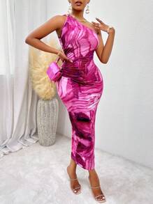 VaVaBold Marble Print One Shoulder Bodycon Dress - Hot Pink - View 1