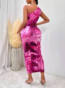 VaVaBold Marble Print One Shoulder Bodycon Dress - Hot Pink - View 2