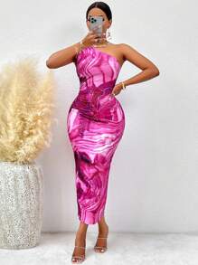 VaVaBold Marble Print One Shoulder Bodycon Dress - Hot Pink - View 3