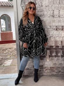 SHEIN LUNE Plus Graphic Print Belted Coat - Black - View 7