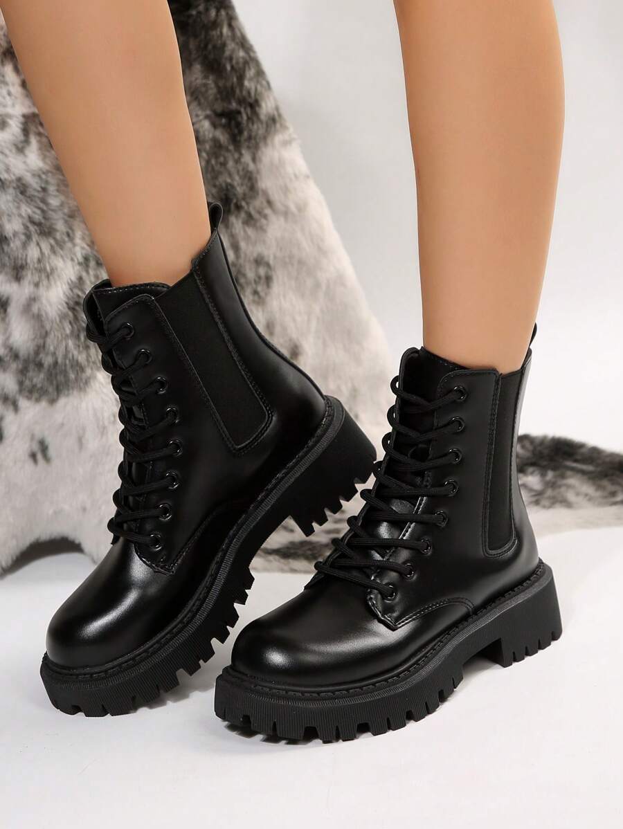 Botas cortas de mujeres moda grueso tacón - Negro - Ver 1