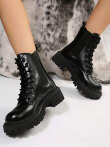 Botas cortas de mujeres moda grueso tacón - Negro - Ver 3