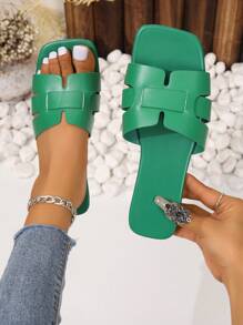 Quý cô Phong cách Đơn giản Màu thuần Ban nhạc Dép phẳng Cho mùa hè - màu xanh lá - Xem 1