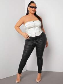 SHEIN SXY Plus Zip Up Raw Hem Tube Top - White - View 3