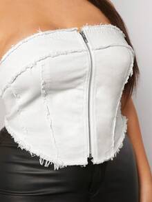 SHEIN SXY Plus Zip Up Raw Hem Tube Top - White - View 5