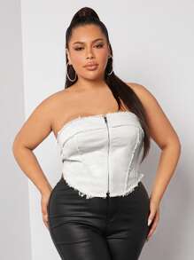 SHEIN SXY Plus Zip Up Raw Hem Tube Top - White - View 6