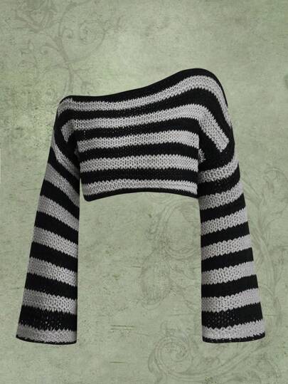 Fairycore Striped Pattern Bell Sleeve Crop Sweater, School,Long Sleeve Tops