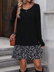 SHEIN LUNE Vestido smock con estampado de lunares de hombros caídos bajo con fruncido - Negro - Ver 1