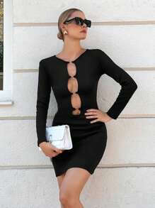 EURMUSE Cut Out Front Bodycon Dress - Black - View 1