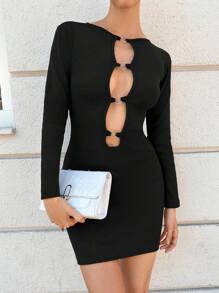 EURMUSE Cut Out Front Bodycon Dress - Black - View 5