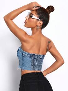 SHEIN PETITE 翻蓋口袋毛邊前紐扣抹胸牛仔上衣 - 淺色水洗藍 - 查看 2