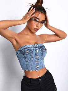 SHEIN PETITE 翻蓋口袋毛邊前紐扣抹胸牛仔上衣 - 淺色水洗藍 - 查看 4