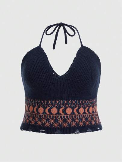ROMWE Fairycore Plus Geo Pattern Halter Knit Top