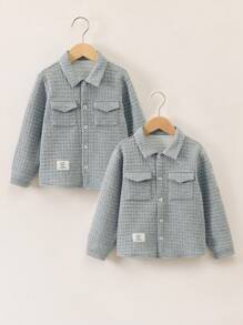 SHEIN 男小童字母補丁細節翻蓋口袋落肩袖襯衫 - 灰色 - 查看 5