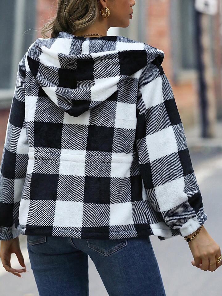 SHEIN LUNE Plus Buffalo Plaid Print Drop Shoulder Drawstring Waist Hooded  Jacket | SHEIN