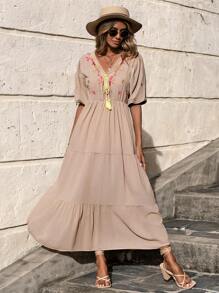 EURMUSE Floral Embroidery Ruffle Hem Puff Sleeve Dress - Beige - View 2