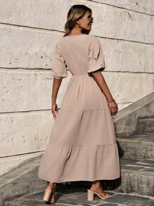 EURMUSE Floral Embroidery Ruffle Hem Puff Sleeve Dress - Beige - View 3