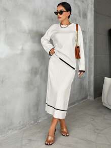 EURMUSE Contrast Trim Drop Shoulder Sweater & Knit Skirt - White - View 3