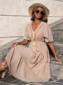 EURMUSE Floral Embroidery Ruffle Hem Puff Sleeve Dress - Beige - View 1