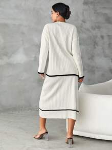 EURMUSE Contrast Trim Drop Shoulder Sweater & Knit Skirt - White - View 2