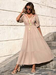 EURMUSE Floral Embroidery Ruffle Hem Puff Sleeve Dress - Beige - View 5