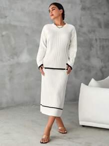 EURMUSE Contrast Trim Drop Shoulder Sweater & Knit Skirt - White - View 4