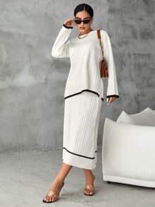 EURMUSE Contrast Trim Drop Shoulder Sweater & Knit Skirt - White - View 5