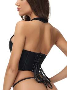Solid Lace Up Back Shapewear Set - Black - View 2