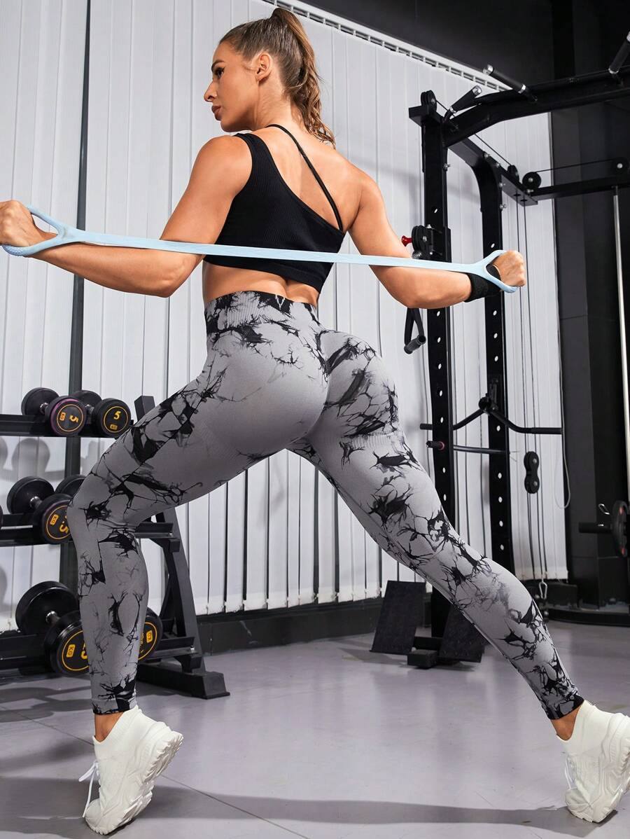 SHEIN Yoga Trendy 紮染寬腰帶運動打底褲 - 灰色 - 查看 1