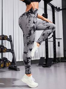 SHEIN Yoga Trendy 紮染寬腰帶運動打底褲 - 灰色 - 查看 2