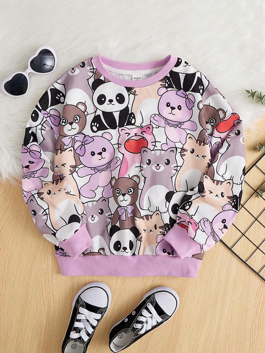 SHEIN Chica preadolescente Pullover con estampado de dibujos animados de hombros caídos - Multicolor - Ver 1