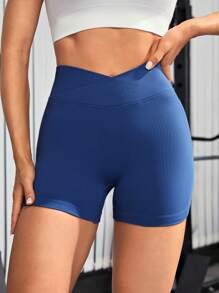 SHEIN Yoga Sxy 素色寬腰帶運動短褲 - 藏蓝色 - 查看 1