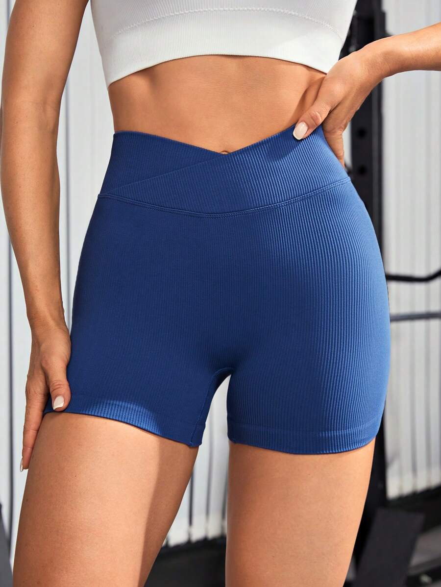 SHEIN Yoga Sxy 素色寬腰帶運動短褲 - 藏蓝色 - 查看 1