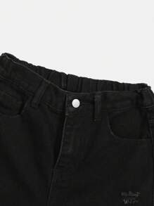 SHEIN Leap Crew 男大童字母和卡通圖案破洞牛仔褲 - 黑色 - 查看 3