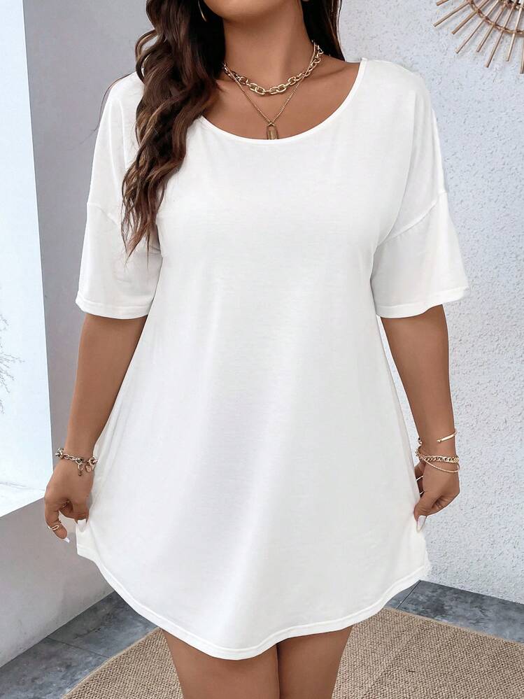 SHEIN Clasi Plus Butterfly Print Chain Detail Backless Drop Shoulder Curved Hem Tee Dress, Summer - White - View 3