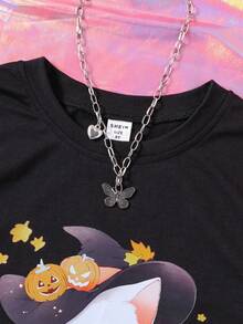 SHEIN 女大童1入組萬聖印花T恤 - 黑色 - 查看 4