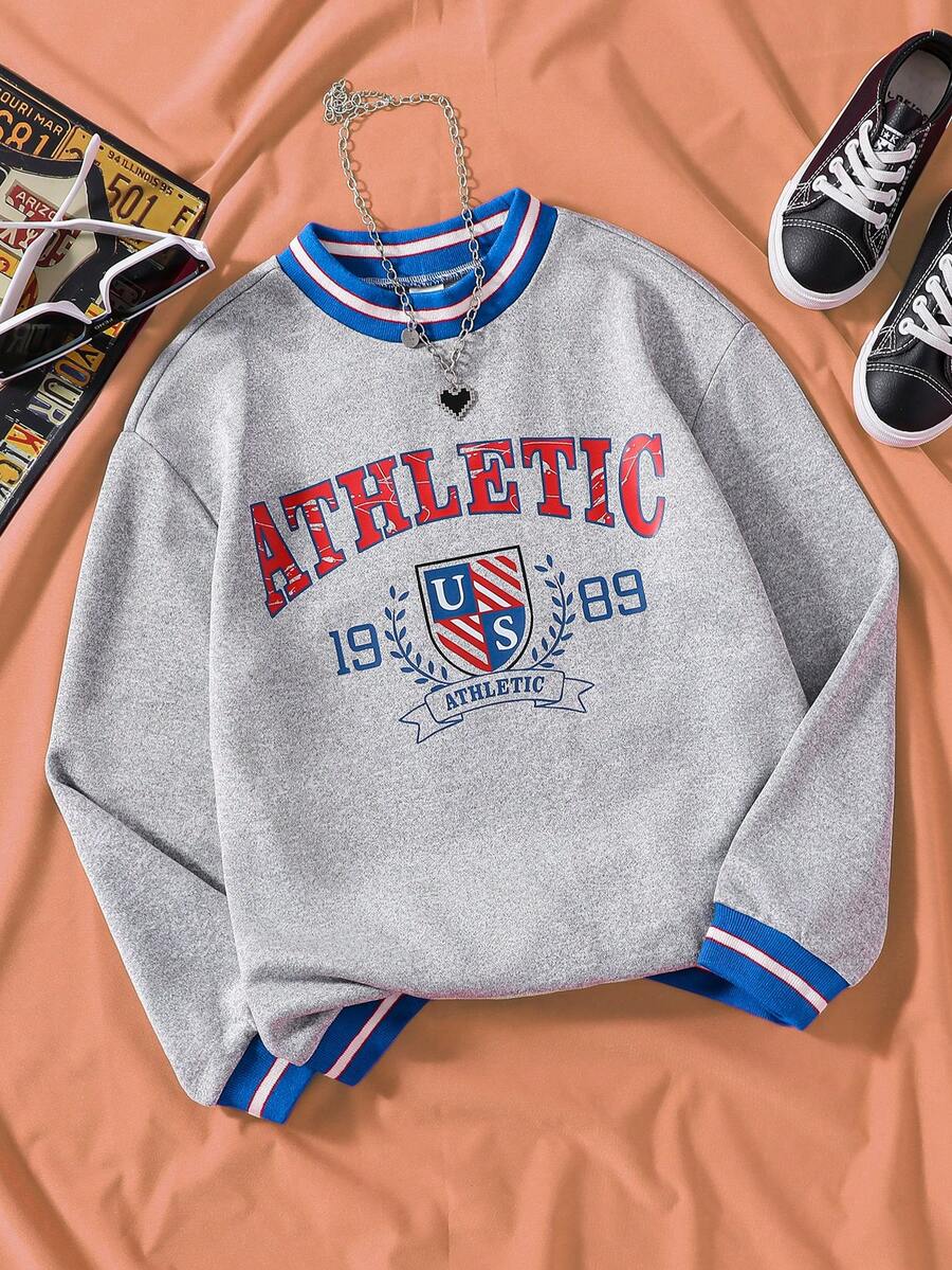 SHEIN 女大童字母圖案條紋飾邊運動衫 - 灰色 - 查看 1