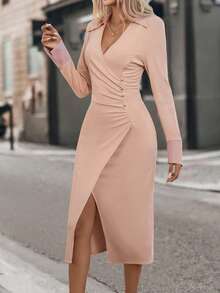 SHEIN Clasi Solid Ruched Wrap Hem Dress - Pink - View 3