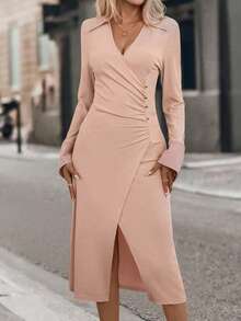 SHEIN Clasi Solid Ruched Wrap Hem Dress - Pink - View 5